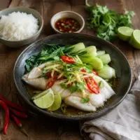 Steamed white fish with pak choi, ginger, chilli, lime and jasmine rice.