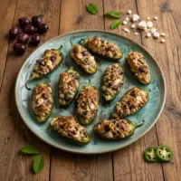 Mediterranean jalapeño poppers stuffed with pork, feta, Kalamata olives and mint on a rustic wooden table.