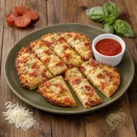 Cheesy pepperoni pizza bread strips with warm napolitana dipping sauce on a rustic wooden table.