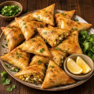Crispy golden air fryer fillo triangles filled with spiced cauliflower, feta, almonds and fresh herbs, served with lemon wedges on a rustic brown wooden table.