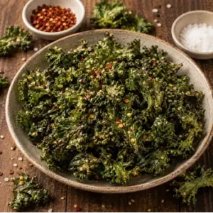 Crispy air fryer kale chips coated with tahini, coriander and sesame seeds, finished with red pepper flakes and sea salt on a rustic brown wooden table.
