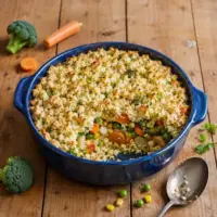 Savory veggie tofu bake with colorful vegetables and golden tofu topping