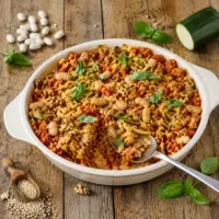 Tempeh couscous bake with cannellini beans, zucchini and tomato