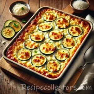 Cheesy zucchini rice bake with brown rice, sliced zucchini, fresh basil, garlic, and golden Monterey Jack cheese