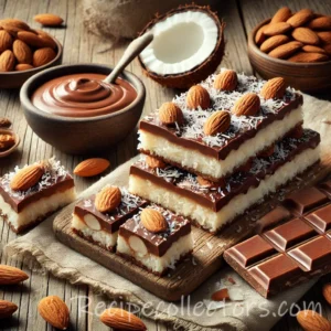 Almond Joy Bars topped with chocolate and crunchy almonds on a dessert platter ready for serving.