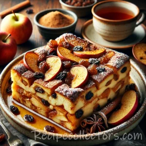 Caramel apple raisin strata with cream cheese and warm caramel sauce in a square baking dish
