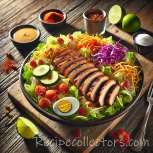Blackened Chicken Power Salad with seasoned chicken, mixed greens, cucumber, tomato, and red onion served in a fresh salad bowl.