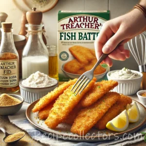 Crispy Fish Batter coating golden fried cod fillets served with fries, tartar sauce, and fresh lemon wedges.