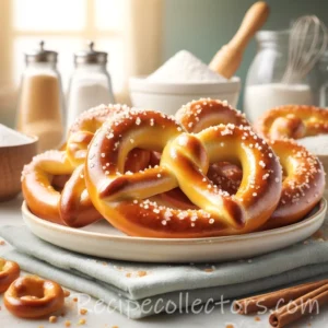 Homemade Mall Pretzels with coarse salt fresh from the oven on a rustic wooden serving board.