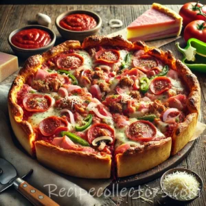 Chicago deep-dish pizza layered with mozzarella, Italian sausage, tomato sauce and Parmesan