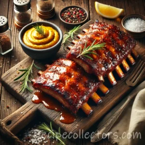 Mustard Glazed Baby Back Ribs coated with a tangy Dijon glaze and served fresh from the smoker on a rustic wooden platter.