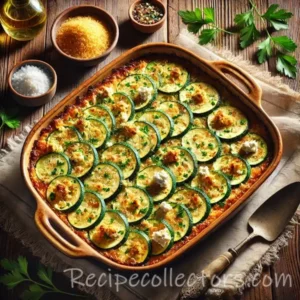 Baked Zucchini Feta Gratin with zucchini, tomatoes, Greek yogurt, feta cheese, and fresh herbs baked until golden.