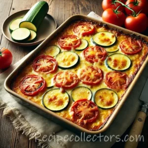 Greek zucchini bake with tomatoes, feta cheese, yogurt, dill, and parsley in a ceramic baking dish
