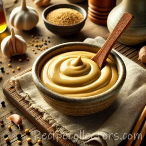 Japanese Mustard Dipping Sauce made with Dijon mustard, mayonnaise, honey, rice vinegar, and soy sauce served in a small bowl.