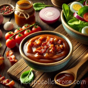 Warm Bacon Dressing served warm with crispy bacon pieces in a small bowl.