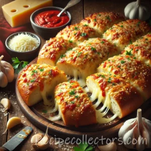 Ultimate Garlic Cheese Bread baked with mozzarella, Parmesan, garlic butter, and parsley on a rustic wooden board.