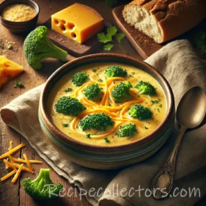 Creamy Broccoli Cheddar Soup served in a rustic bowl with fresh broccoli and melted cheddar cheese.