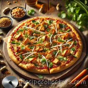 Peanut Chicken Pizza topped with grilled chicken, mozzarella, bean sprouts, carrots, scallions, chopped peanuts, and fresh cilantro.