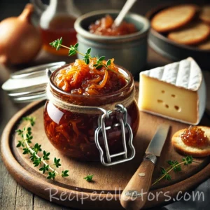 Sweet-spiced onion chutney in a glass jar with sliced onions, thyme and toasted bread