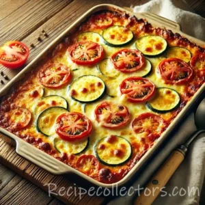 Cheesy zucchini tomato bake with fresh basil and golden cheddar