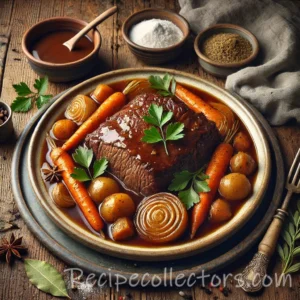 Classic beef pot roast with tender carrots, potatoes and onions in a rich herb sauce