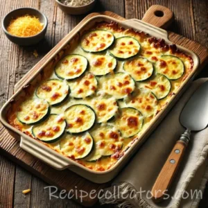 Classic zucchini bake with grated zucchini and melted Cheddar cheese served warm in a ceramic baking dish