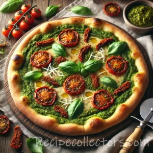 Basil pesto pizza with fresh mozzarella and pine nuts