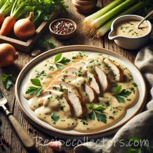 Creamy Herb Chicken served with a rich herb cream sauce, fresh thyme, and parsley on a rustic dinner plate.