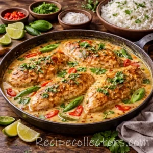 Creamy Coconut Chicken with tender chicken in a rich coconut sauce, garlic, ginger, and fresh herbs.