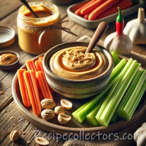 Honey peanut butter dip served with apple slices, bananas, strawberries and pretzels