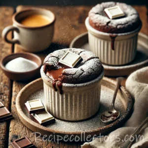 Molten chocolate soufflés with risen dark chocolate tops and warm white chocolate centers