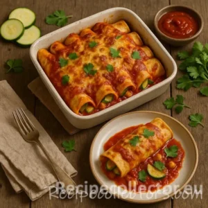 Zucchini Cheese Enchiladas baked with zucchini, ricotta, cheddar cheese, and tomato sauce until golden and bubbling.