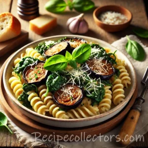 Eggplant spinach pasta served with tender vegetables and spiral noodles