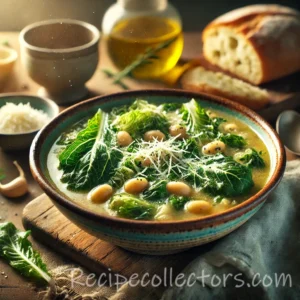 Escarole and Cannellini Soup with creamy cannellini beans, fresh escarole, carrots, and garlic served in a rustic bowl with crusty bread.