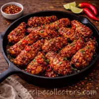 hot chicken wings coated in a fiery sauce served on a dark rustic wooden table