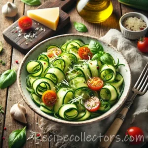 Fresh zucchini salad with celery, green bell pepper, green onions, and basil vinaigrette in a serving bowl