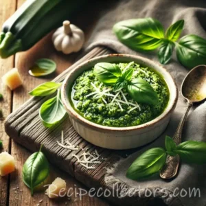 Zucchini pesto with fresh basil, parsley, garlic, and Parmesan served in a ceramic bowl