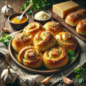 Golden garlic butter knots brushed with melted butter, minced garlic and fresh parsley