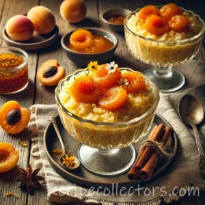 Saffron apricot rice pudding topped with spiced apricots, saffron threads, and orange zest