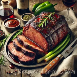 Herb Grilled Chuck Roast sliced and served on a rustic wooden board with fresh herbs.