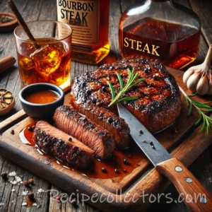 Bourbon Grilled Steak served on a rustic wooden board with grill marks, fresh herbs, and grilled vegetables.