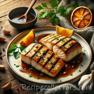 Applewood Grilled Halibut glazed with an Asian-inspired sauce and served fresh from the grill.