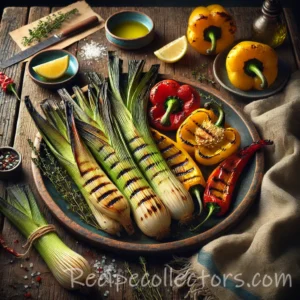 Grilled Leeks & Peppers served on a rustic platter with lightly charred bell peppers and tender leeks.