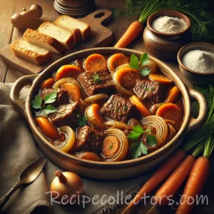 Beef Bourguignon with tender beef, mushrooms, bacon, and carrots in a rich Burgundy wine sauce.