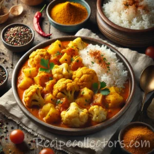 Golden Cauliflower Potato Curry with coconut sauce, cauliflower, potatoes, and fresh cilantro served in a rustic bowl.
