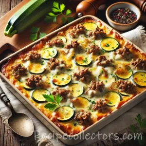 Zucchini beef casserole layered with ground beef, rice, cottage cheese, grated zucchini, and melted cheddar