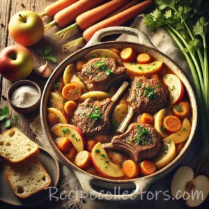 Lamb and Apple Casserole with tender lamb, apples, herbs, and rich gravy served in a rustic casserole dish.