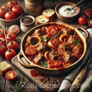 Lamb tomato casserole with tender lamb, tomatoes, rosemary, thyme, and rich herb sauce