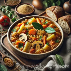 Hearty Millet Vegetable Stew with millet, carrots, potatoes, zucchini, tomatoes, and fresh parsley served in a rustic bowl.