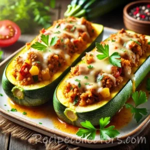 Cheesy stuffed zucchini boats filled with brown rice, mushrooms, parsley and melted cheddar
